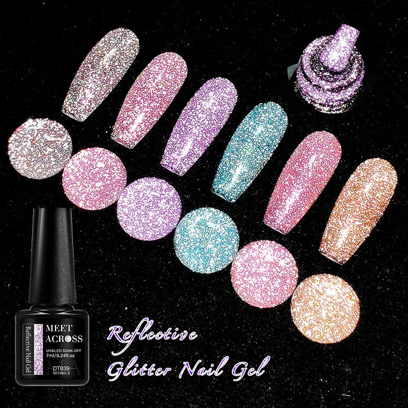 MEET ACROSS Sparkling Rose Pink Reflective Glitter Gel Nail Polish 7ML Nail Gel Manicure Semi Permanent UV LED Varnish Nail Art