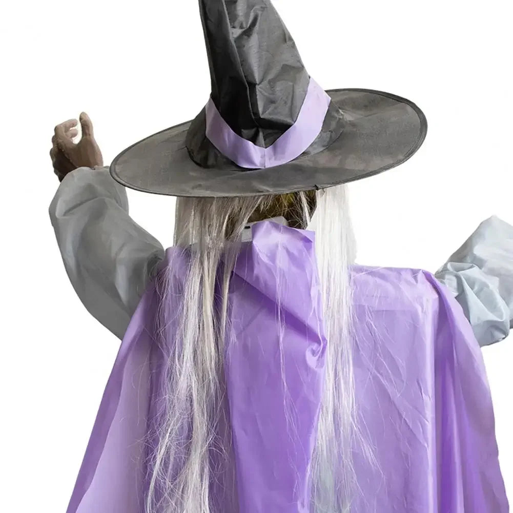 Halloween Flying Witch Decoration Hanging Glowing White Hair Broom Witch Outdoor Garden Yard Decor Large Hovering Witch Prop