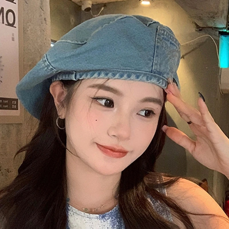 New Women Hat Denims Octagonal Beanie Hat Spring Summer Headwear