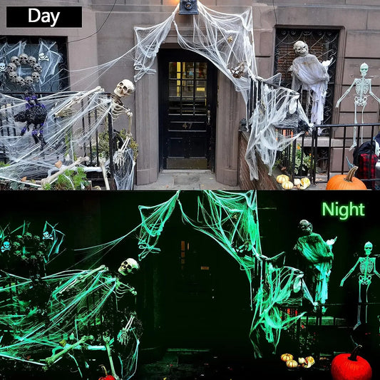 Glow in The Dark Spider Webs and Fake Spiders White Stretch Cobwebs for Halloween Indoor Outdoor Horror Decoration Prop