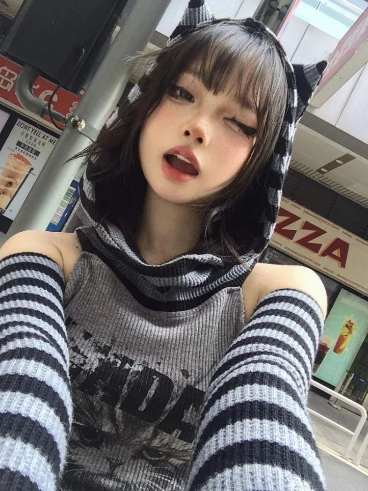 HOUZHOU Gothic Striped Patchwork Hoodie Women Japanese Style Vintage Punk Cat Print Hollow Out Slim Pullovers Soft Gril 2000s