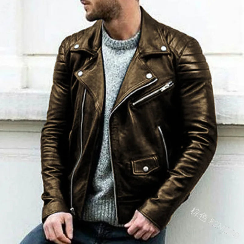 Mandylandy Men PU Leather Coat Teen Stand Collar Punk Male Motorcycle Leather Jackets Faux Leather Zipper Autumn Handsome Coats