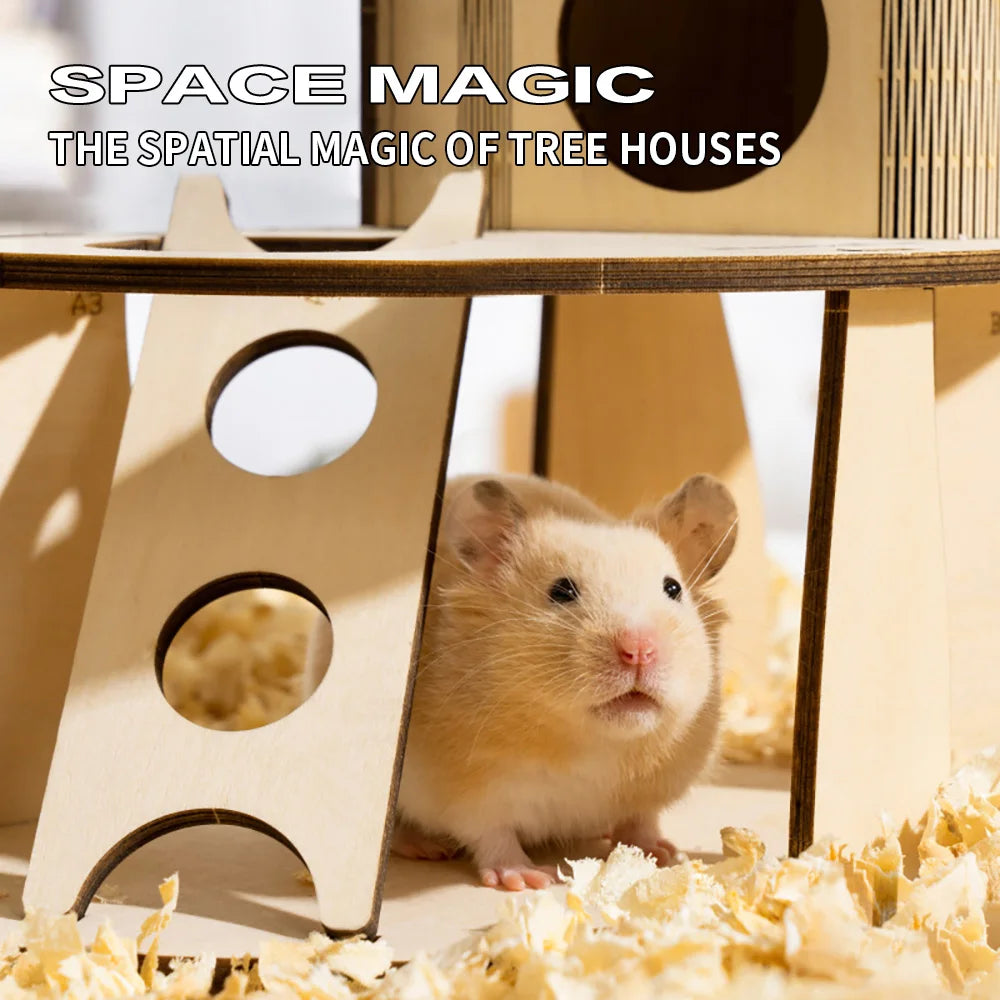 Hamster Cage Guinea Pig Tree House Villa Squirrel Climbing Shelter Toy Rodents Hideout Wooden Nest Small Pet Hamster Accessories