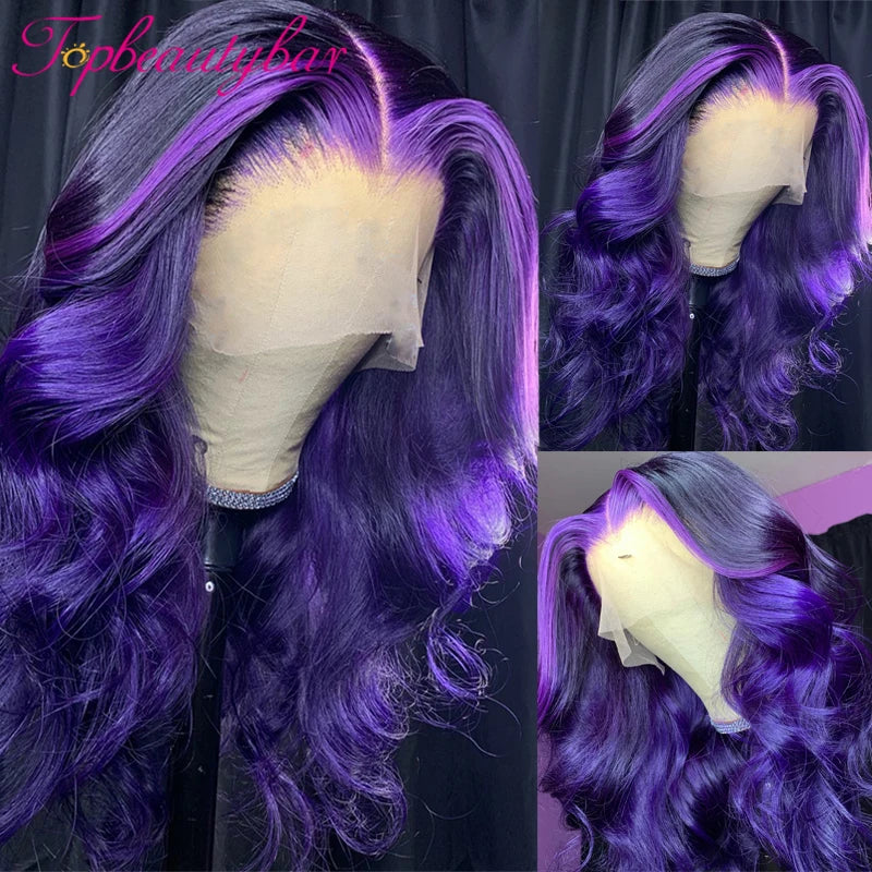 Purple Highlight Color 13X4 Lace Front Human Hair Wigs 180% Brazilian Remy Hair Wavy Lace Front Wig