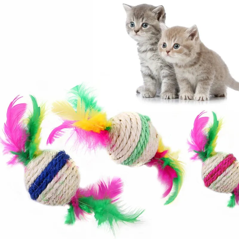 Cat Toy Sisal Ball Cat Toys Interactive Feather Toys for Cats Teeth Cleaning Scratching Ball Cats Toy with Bell Pet Supplies