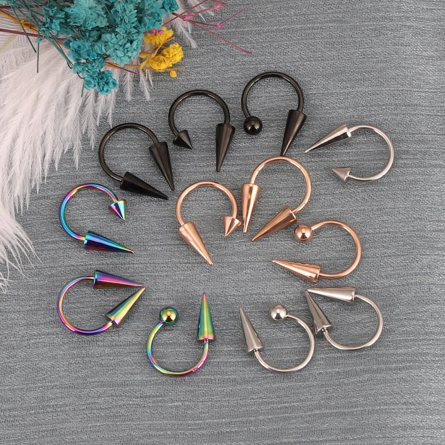 1-12PCS 16G Stainless Steel Long Spike Nose Septum Rings Horseshoe Hoop Lip Ring 10mm Piercing Jewelry Kit For Women Men 4Colors