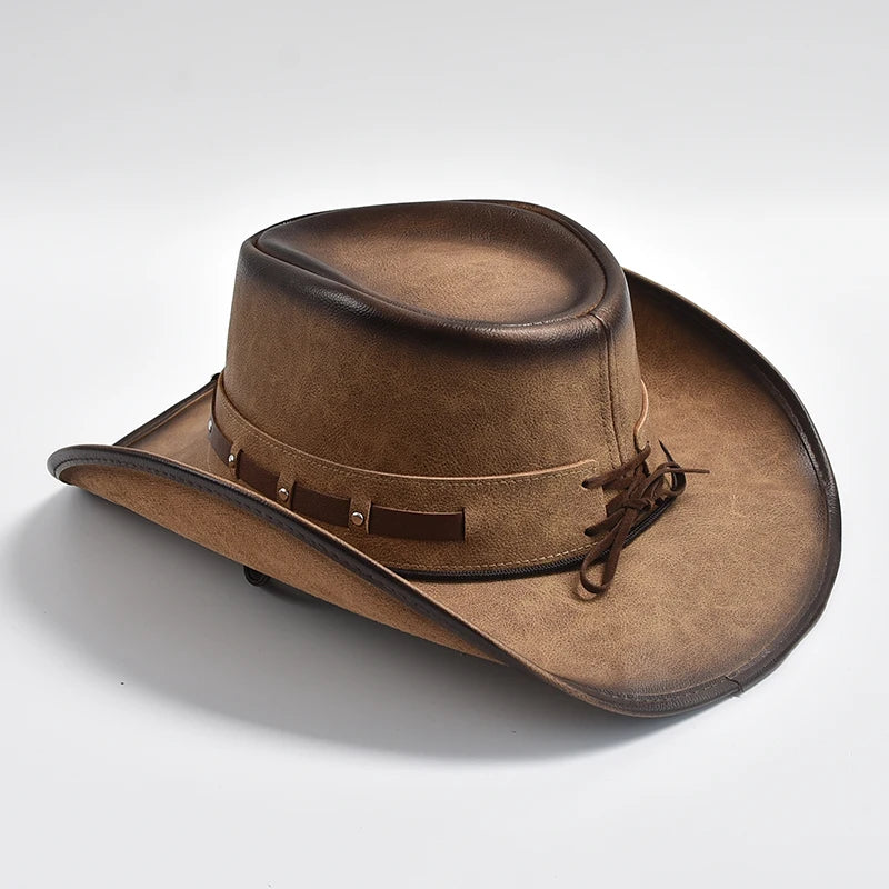 New 100% Leather Western Cowboy Hat Men Wide Brim Gentleman Church Jazz Cap Cowgirl Hats Sombrero Hombre