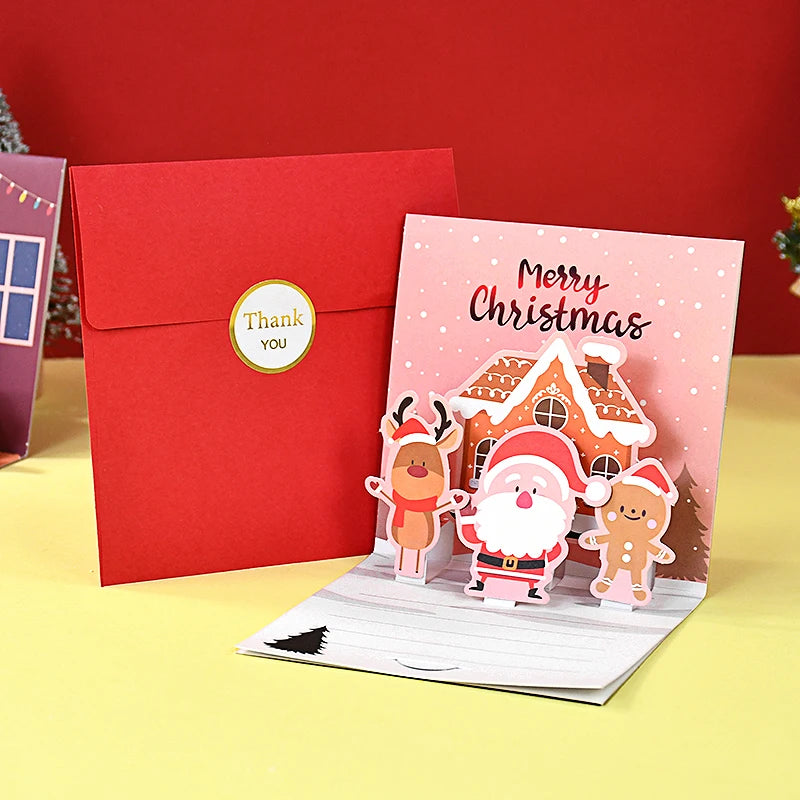 1set Merry Christmas 3D Pop UP Greeting Cards With Envelope Christmas Thank You Invitation Blessing Postcard New Year Xmas Noel