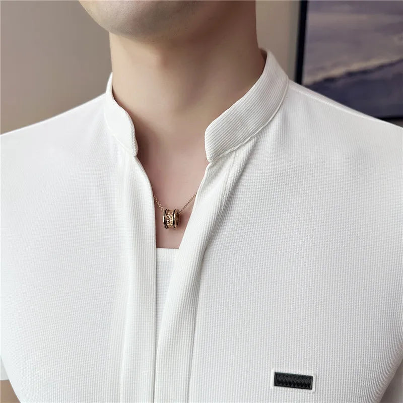 Camisas De Hombre Summer Stand Collar Shirts For Men Clothing High Quality Fashion Spliced Design Slim Fit Mens Dress Shirts 4XL