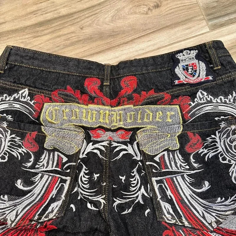 Y2K American New Gothic Alphabet Embroidered Baggy Denim Shorts Female Harajuku Retro Hip Hop Popular High Waist Wide Leg Shorts