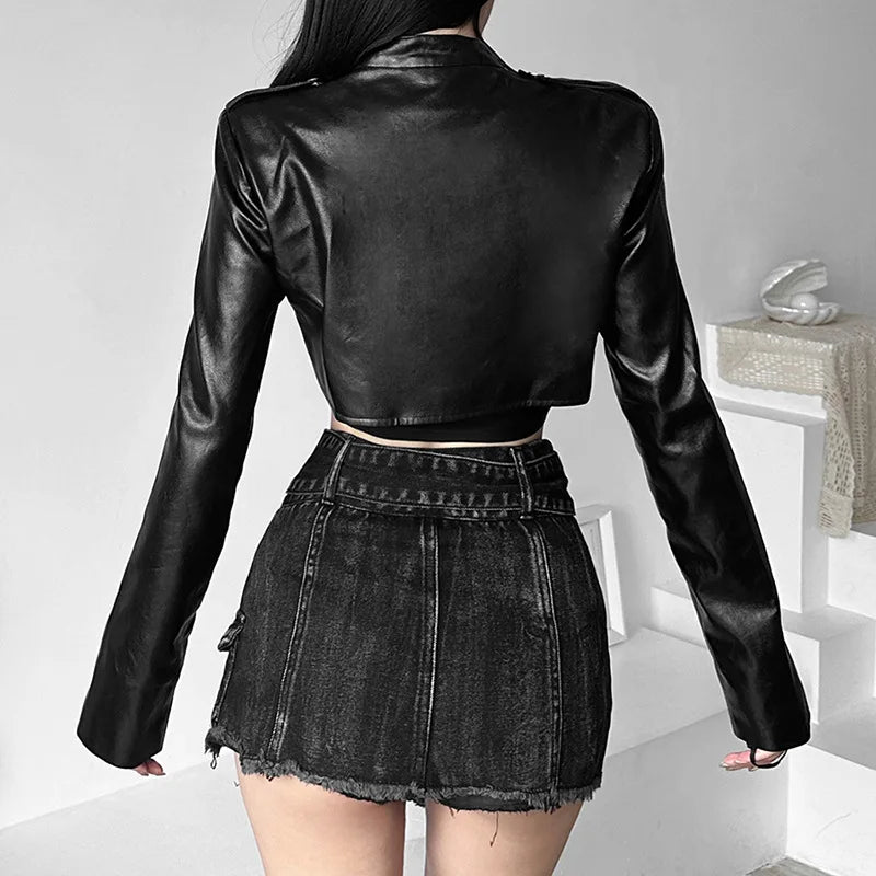 Goth Dark Zipper Cyber Gothic Y2k Crop Jackets Grunge Punk Style Faux Leather Coats Female Fashion Streetwear Irregular Hem Coat