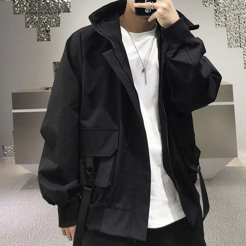 QWEEK Hip Hop Harajuku Women and Men Jacket Streetwear Safari Style Oversized Hooded Autumn Spring Coat Gothic Clothes Techwear