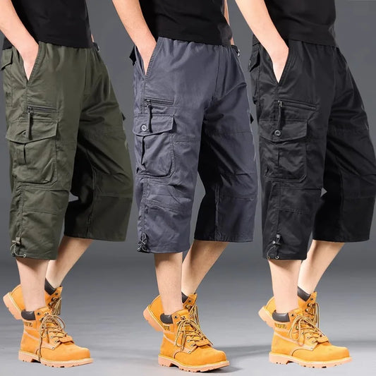 Summer Men's Cargo Shorts Loose Casual Below Knee Pants Elastic Waist Plus Size Outdoor Jogging Tactical Military Capri Pants