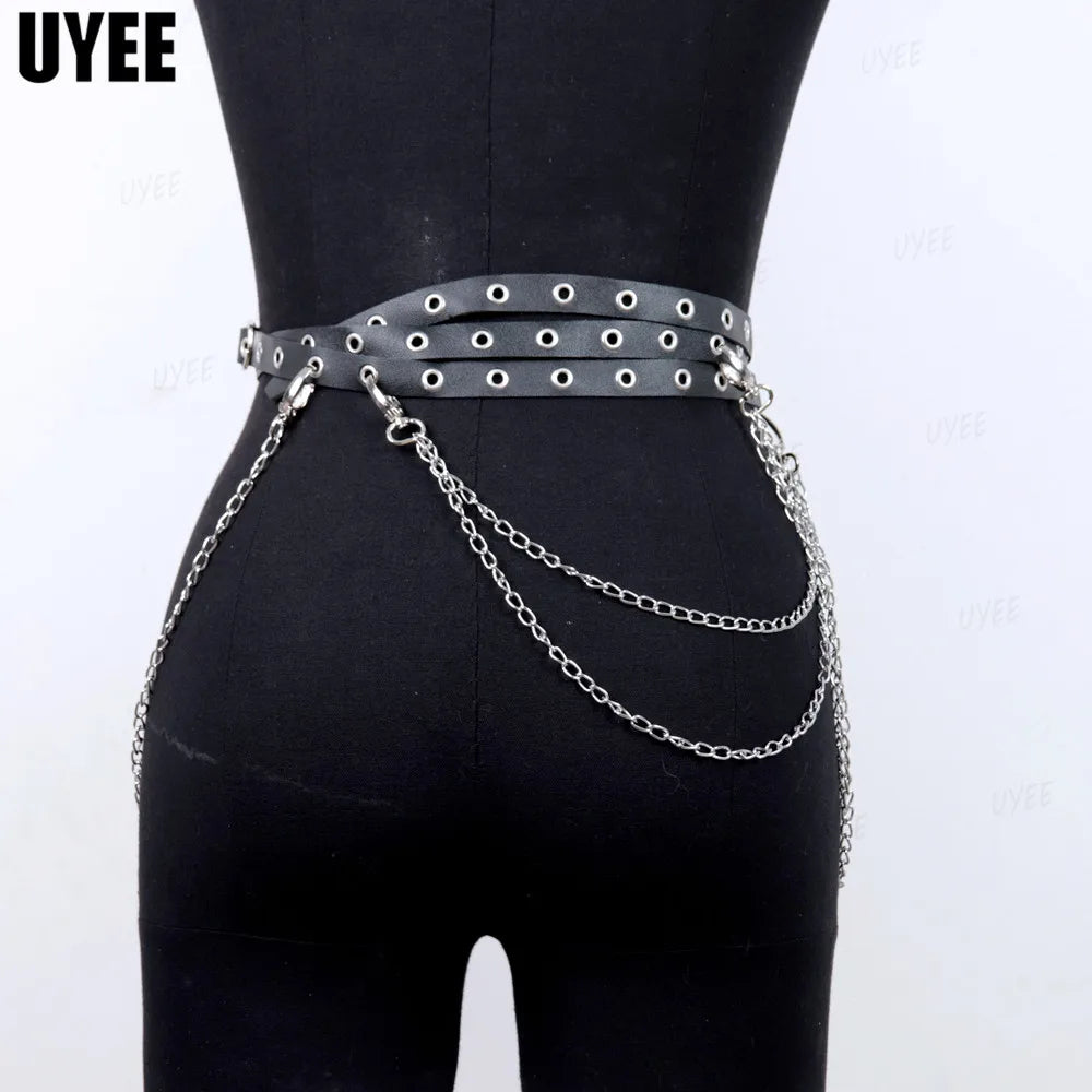 UYEE Goth Waist Chain Punk Belt for Women Multi-layer PU Leather Harness Corset Alloy Metal Rock Nightclub Sexy Jeans Dress Belt