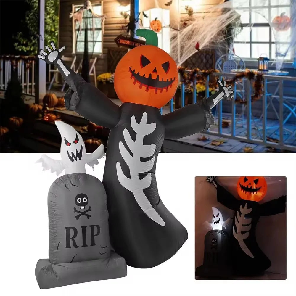 Inflatable Pumpkin Skeleton Halloween Decoration 8ft Inflatable Pumpkin Ghost Tombstone for Halloween Blow up Indoor Decoration