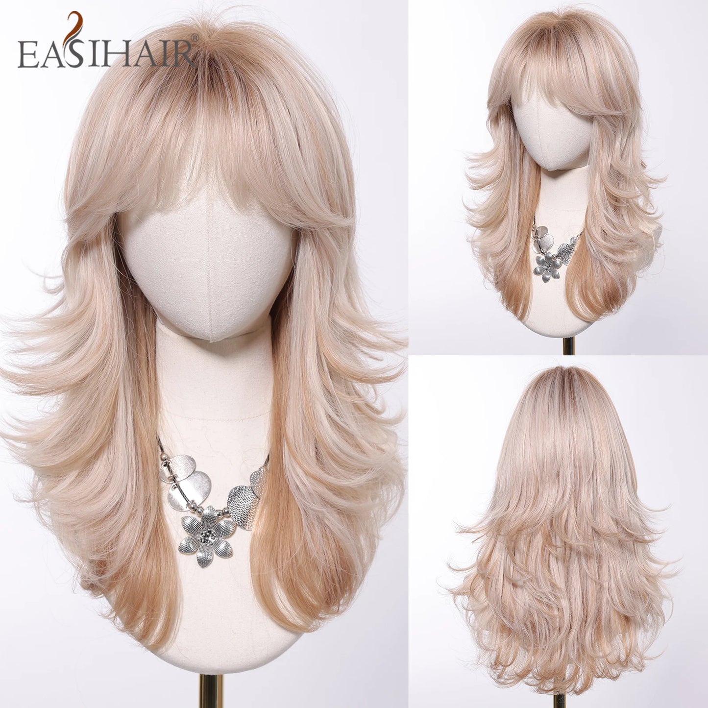 EASIHAIR Long Wavy Brown Synthetic Wigs for Women Dark Brown Wigs With Side Bangs Natural Hair for Daily Use Heat Resistant Wig