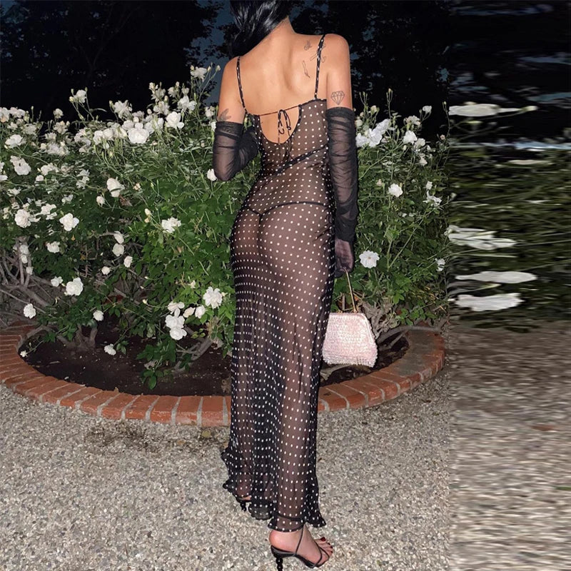 2025 Black Fashion Polka Dots Sundress Sexy See Through Spaghetti Strap Maxi Dress Women Summer Clothes Party Slip Dresses A1259
