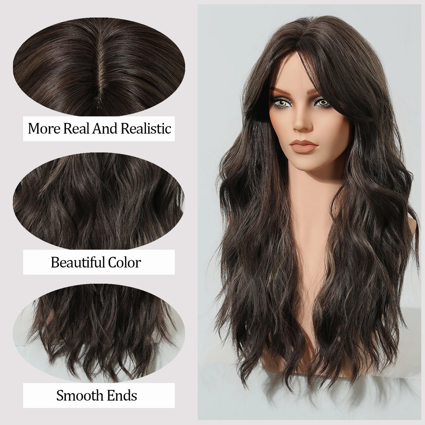 EASIHAIR Long Wavy Brown Synthetic Wigs for Women Dark Brown Wigs With Side Bangs Natural Hair for Daily Use Heat Resistant Wig