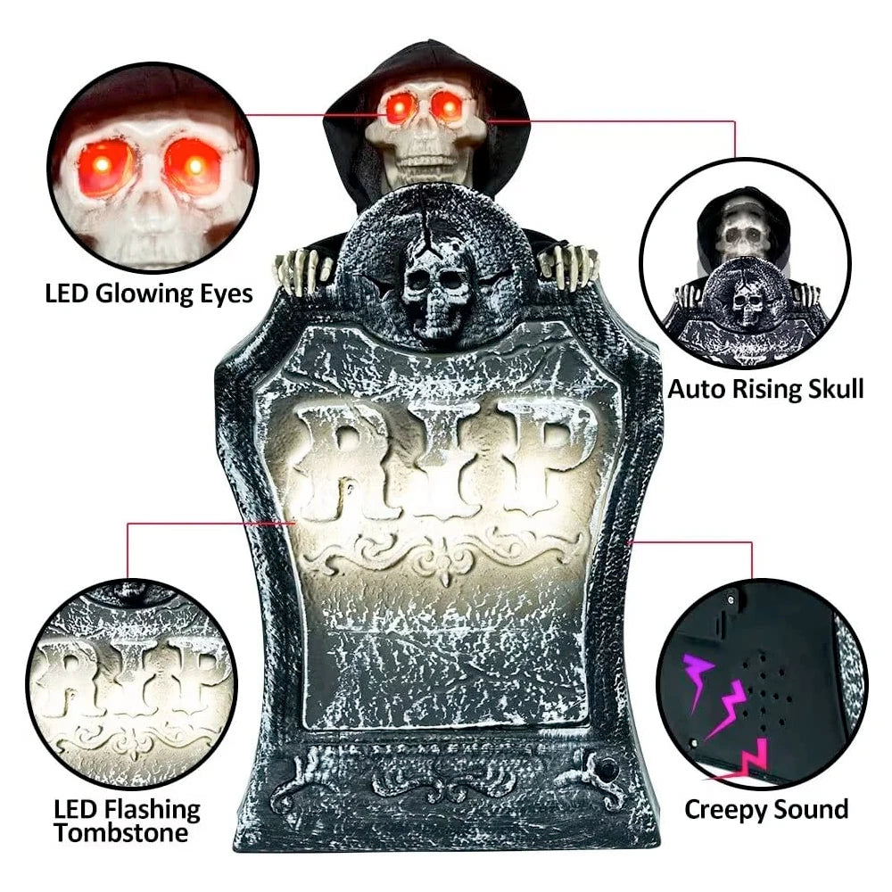 Halloween Tombstone Electric Movable Skull Tombstone with Flashing Lights Creepy Sound Halloween Outdoor Garden Lawn Decoration