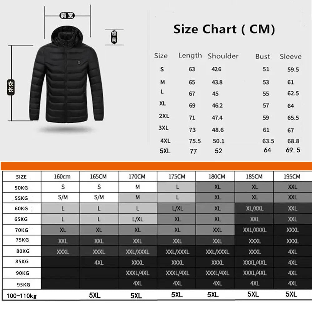 9 Heating Zones Jacket Winter Long Unisex Heated Coat Waterproof Clothes for Women Men USB Powered 3 Gear Temperature Control