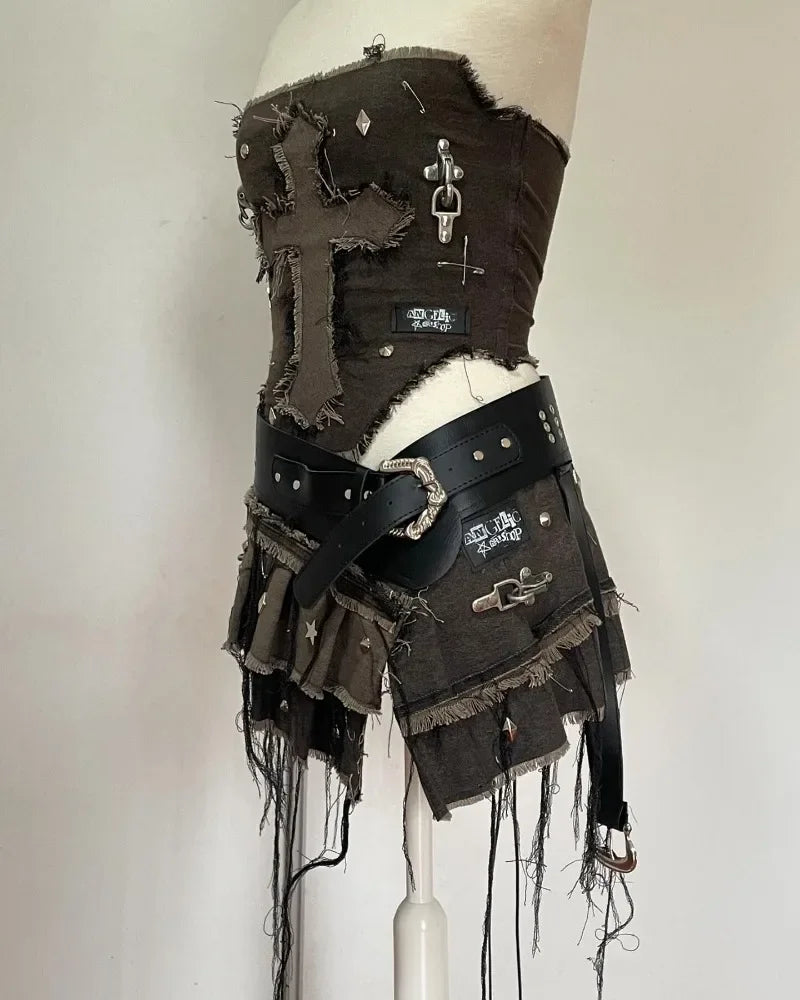American New Fashion Cross Embroidery Patch Short Suit Female Y2K Harajuku Style Popular Sexy Spice Slim Denim Skirt Streetwear