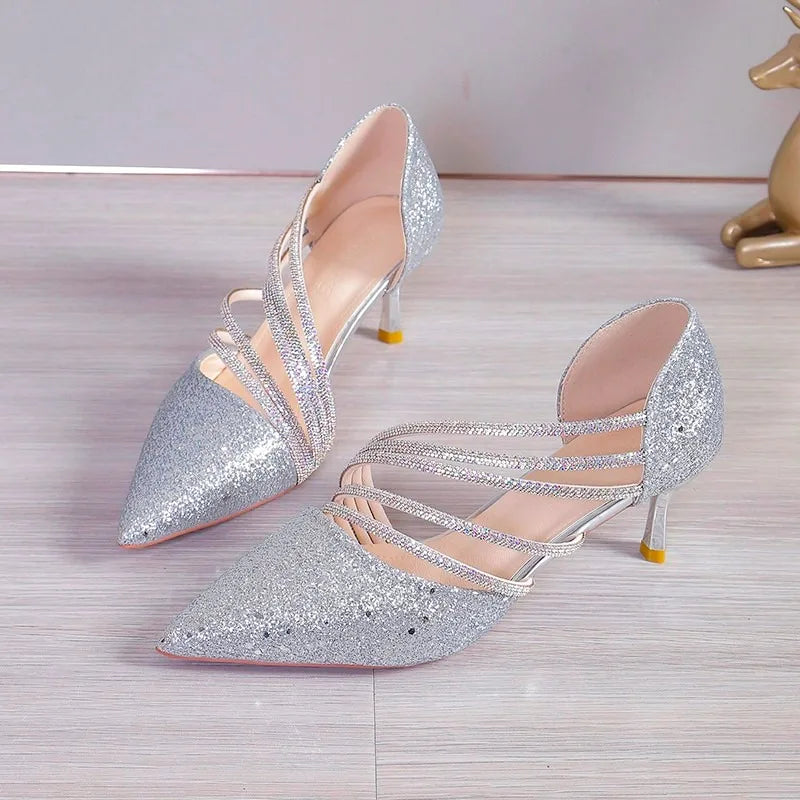 Sexy Pointed Toe Champagne Ladies High Heels New Shiny Crystal Wedding Bridal Shoes Simple and Elegant Women's Dress Shoes