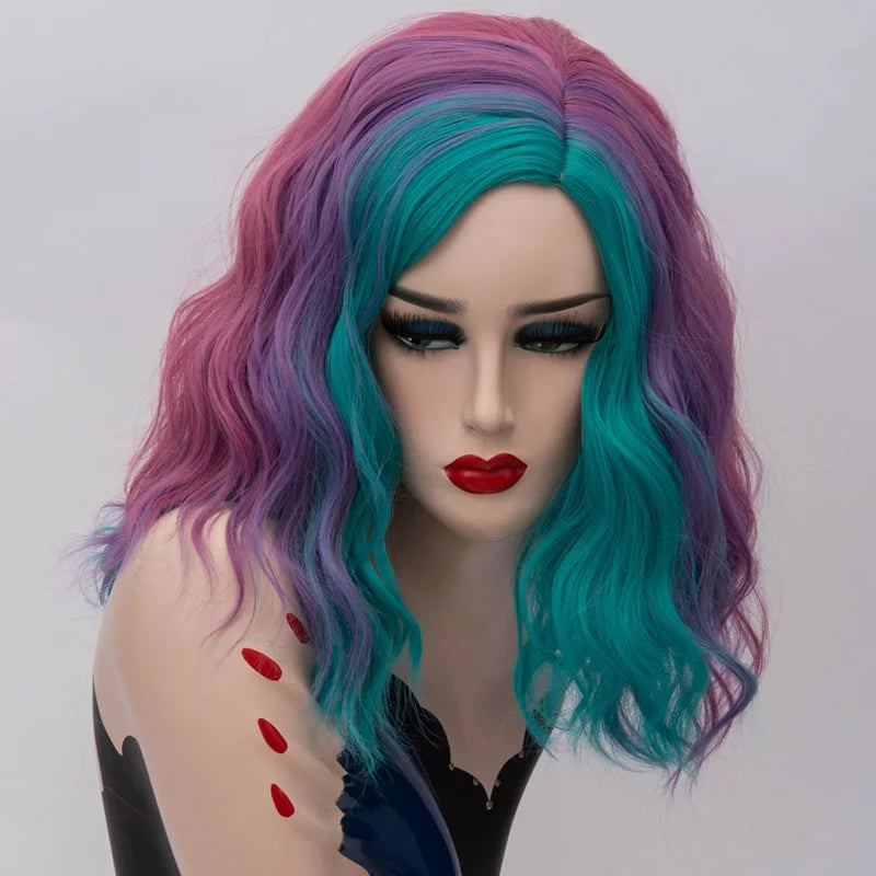 Short Cosplay Synthetic Wigs For Women Rainbow Highlights Color Wavy Wigs Side Central Hairline Cos Rose Net Ombre Hair