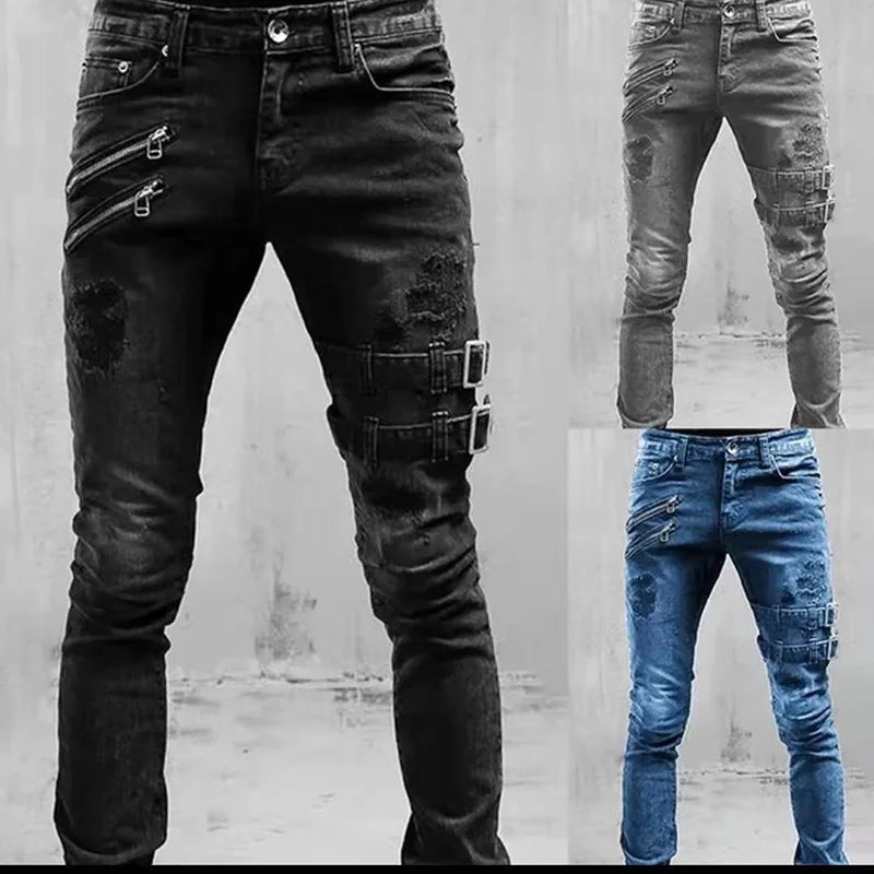 Men Zipper Hole Streetwear Punk Skinny Denim Cargo Pants Pantalones Y2K Clothing Retro Moto Biker Straight Elastic Jeans