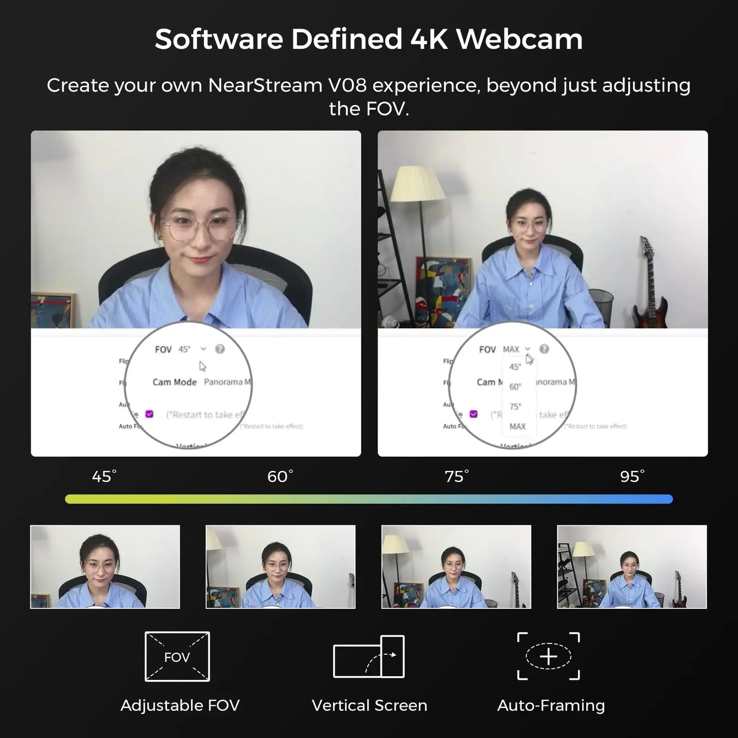 Nearstream V08AF 4K Webcam for PC, HDR 1080P 60FPS Noise Canceling Mic, 45°-95°Adjustable FOV, Auto Focus, AI Framing