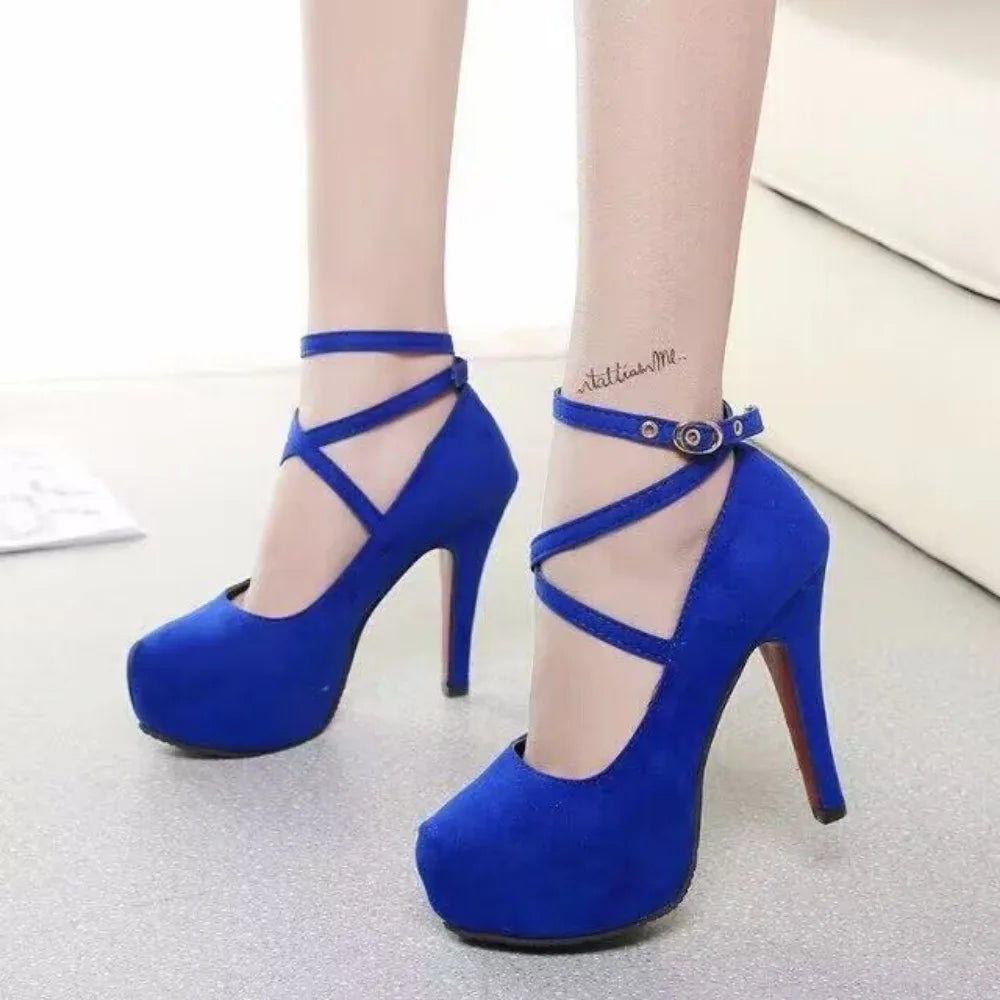 2024Autumn Women's Pumps Round Toe Thin Heel Shoes for Women High Heel Shallow Shoes Outdoor Dress Ankle Strap Bukle Strap Shoes