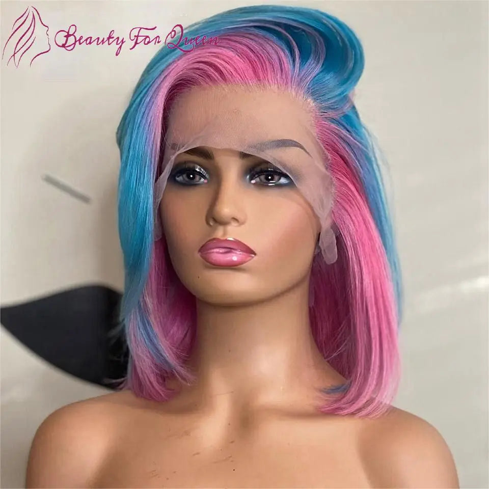 Pink Blue Straight Short Bob Wig 13x4 Lace Front Human Hair Wigs Highlight Wig Colored HD Human Hair Lace Frontal Wigs For Women