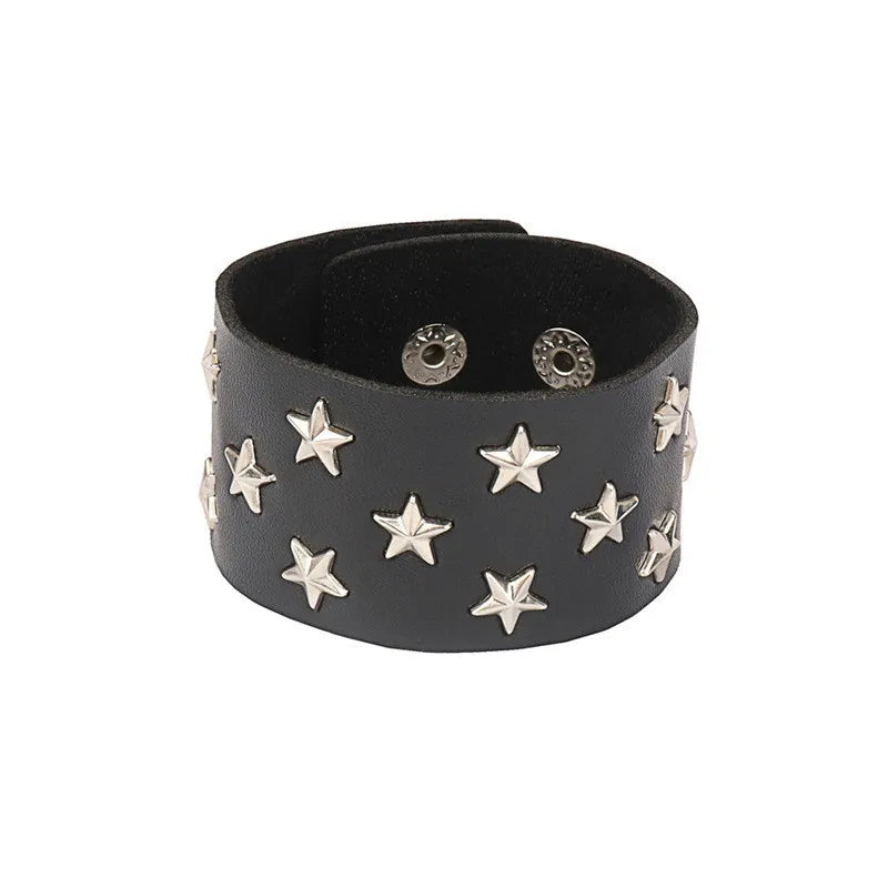 2022 Skull Star Heart Punk Gothic Rock Three Row Metal Stud Spikes Rivet Pu Leather Wristband Bangle Wide Cuff Bracelet