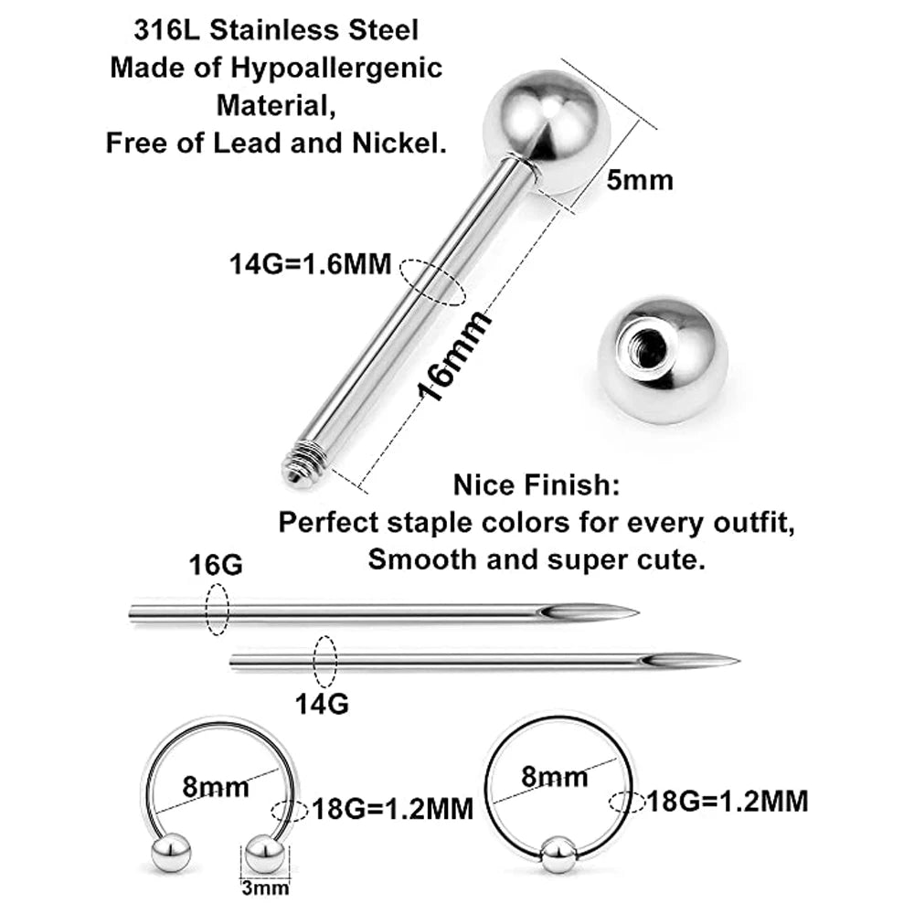 WKOUD Piercing Kit Stainless Steel Eyebrow Rings Horseshoe Rin Industrial Piercing Jewelry Women Men 14G 16G Piercing Needles