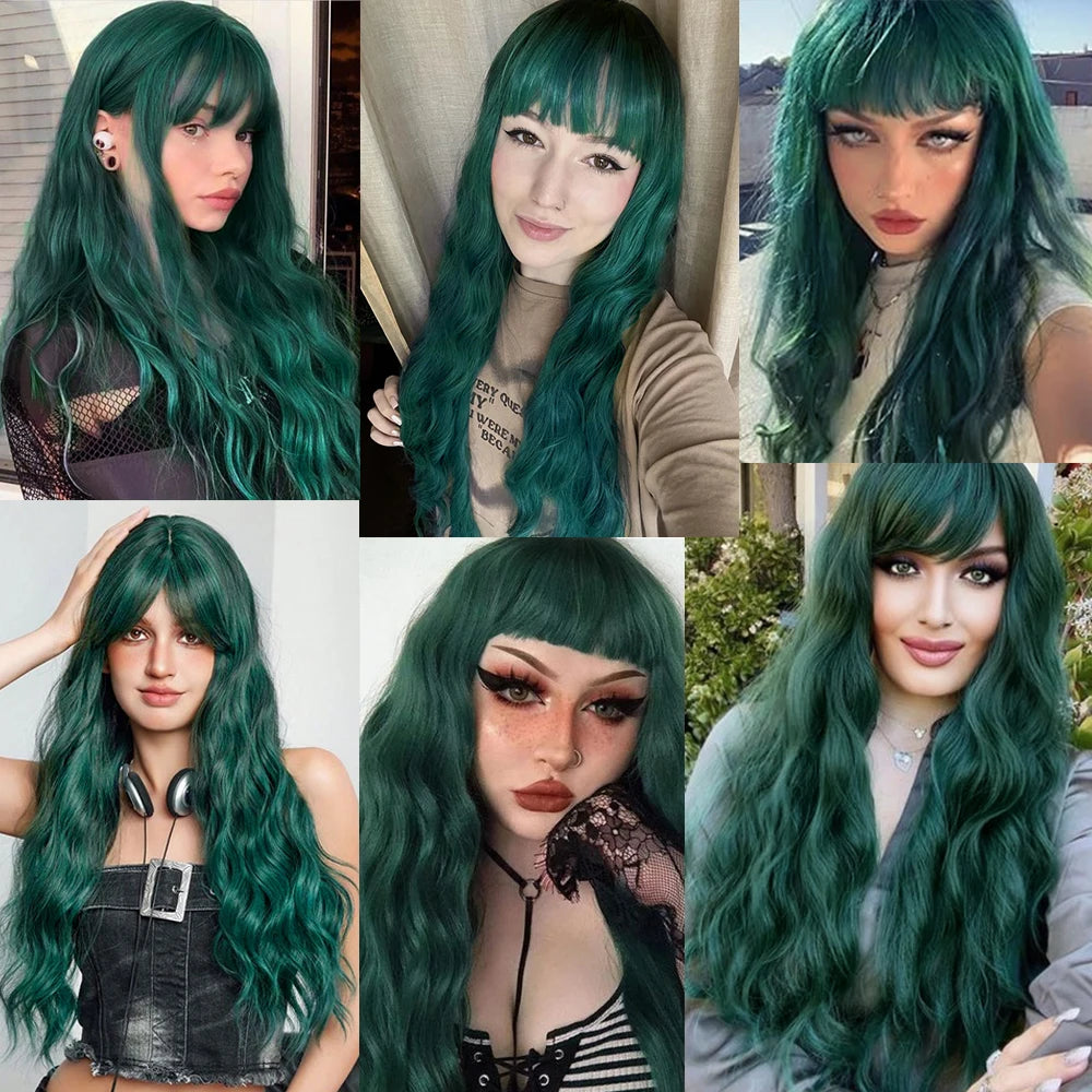 Light Green Long Wavy Synthetic Wigs with Bangs Blackish Green Cosplay Wig for Women Lolita Wig Heat Resistant Natural Hair