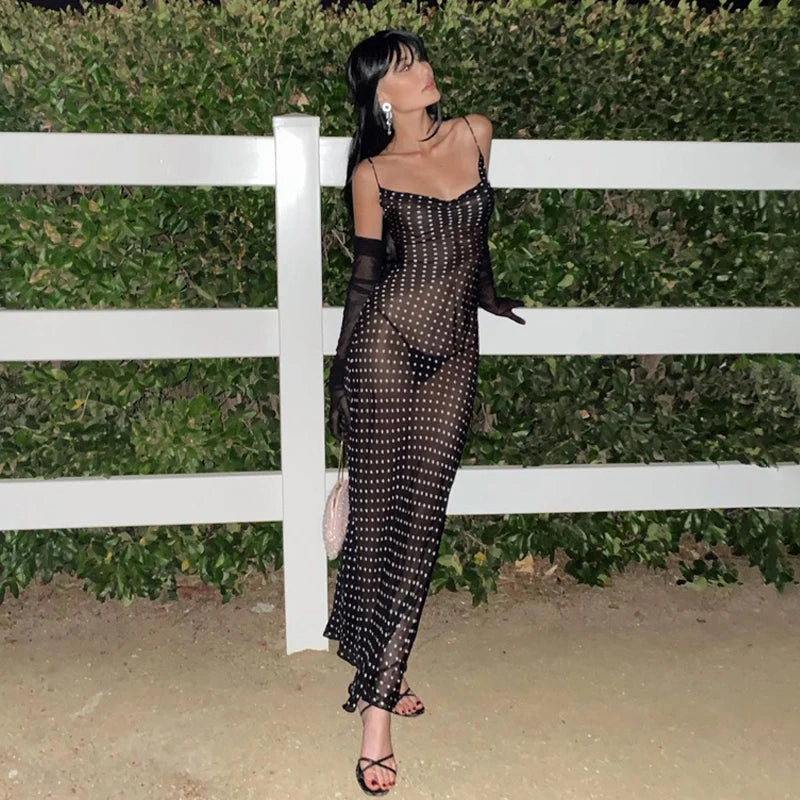 2025 Black Fashion Polka Dots Sundress Sexy See Through Spaghetti Strap Maxi Dress Women Summer Clothes Party Slip Dresses A1259