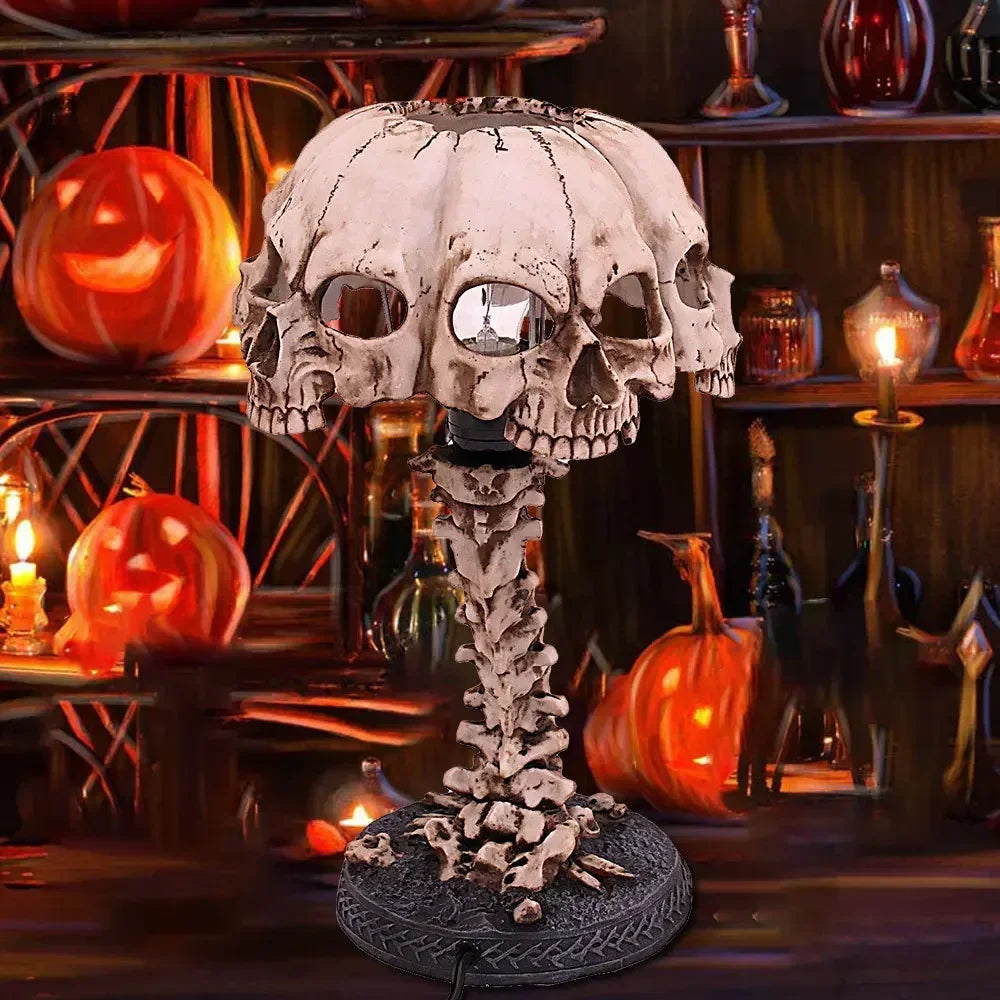 Halloween 3D Gothic Skull Table Lamp Skeleton Desktop Light Spooky 4 Head Resin Night Decorative Light Party Home Ornament Gifts