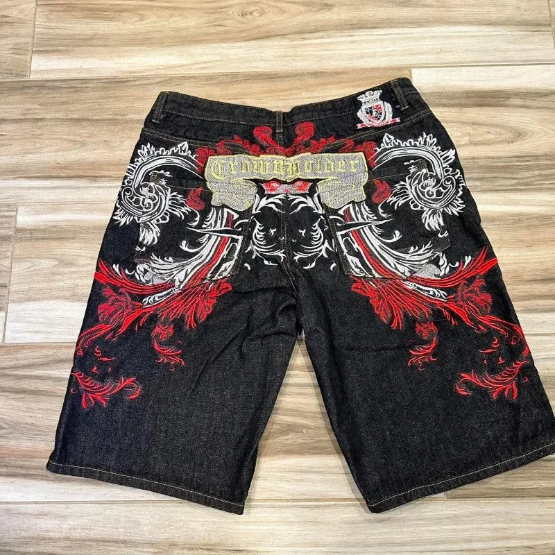 Y2K American New Gothic Alphabet Embroidered Baggy Denim Shorts Female Harajuku Retro Hip Hop Popular High Waist Wide Leg Shorts