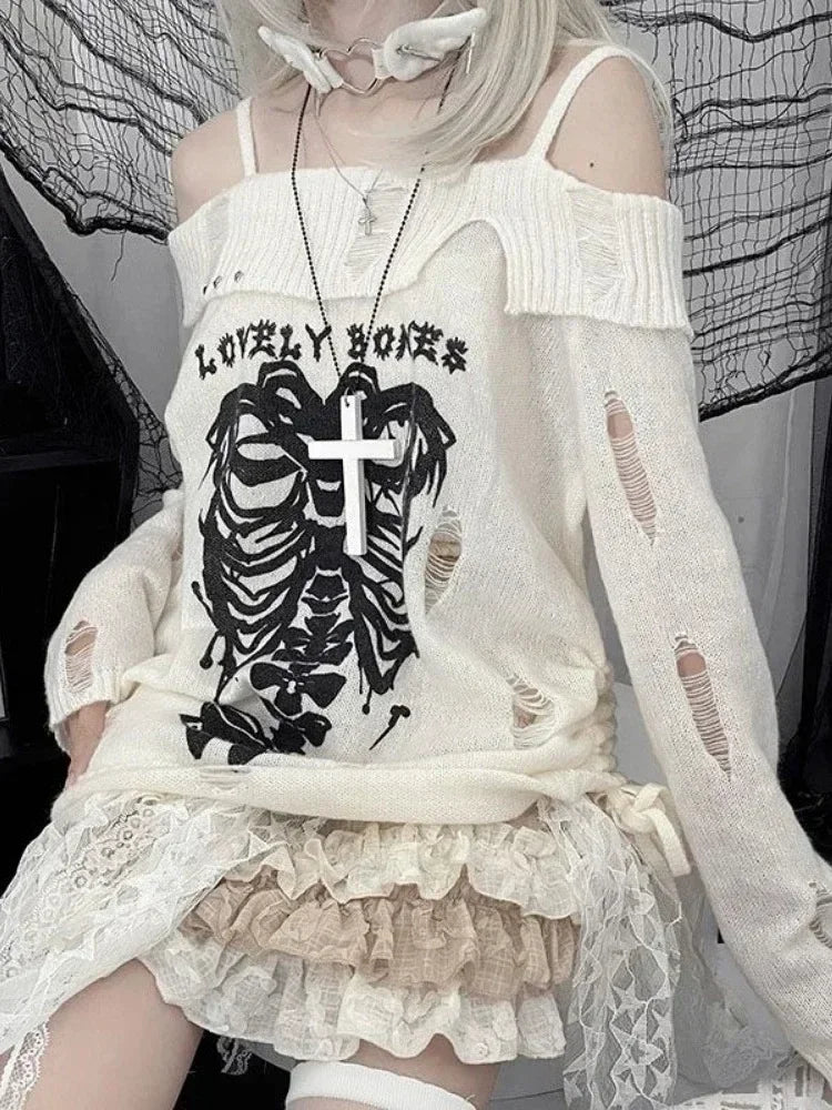 HOUZHOU Y2k Harajuku Gothic Knitted Pullovers Women Japanese Fashion Sexy Skull Off The Shoulder Punk Girls Hole Loose Sweater