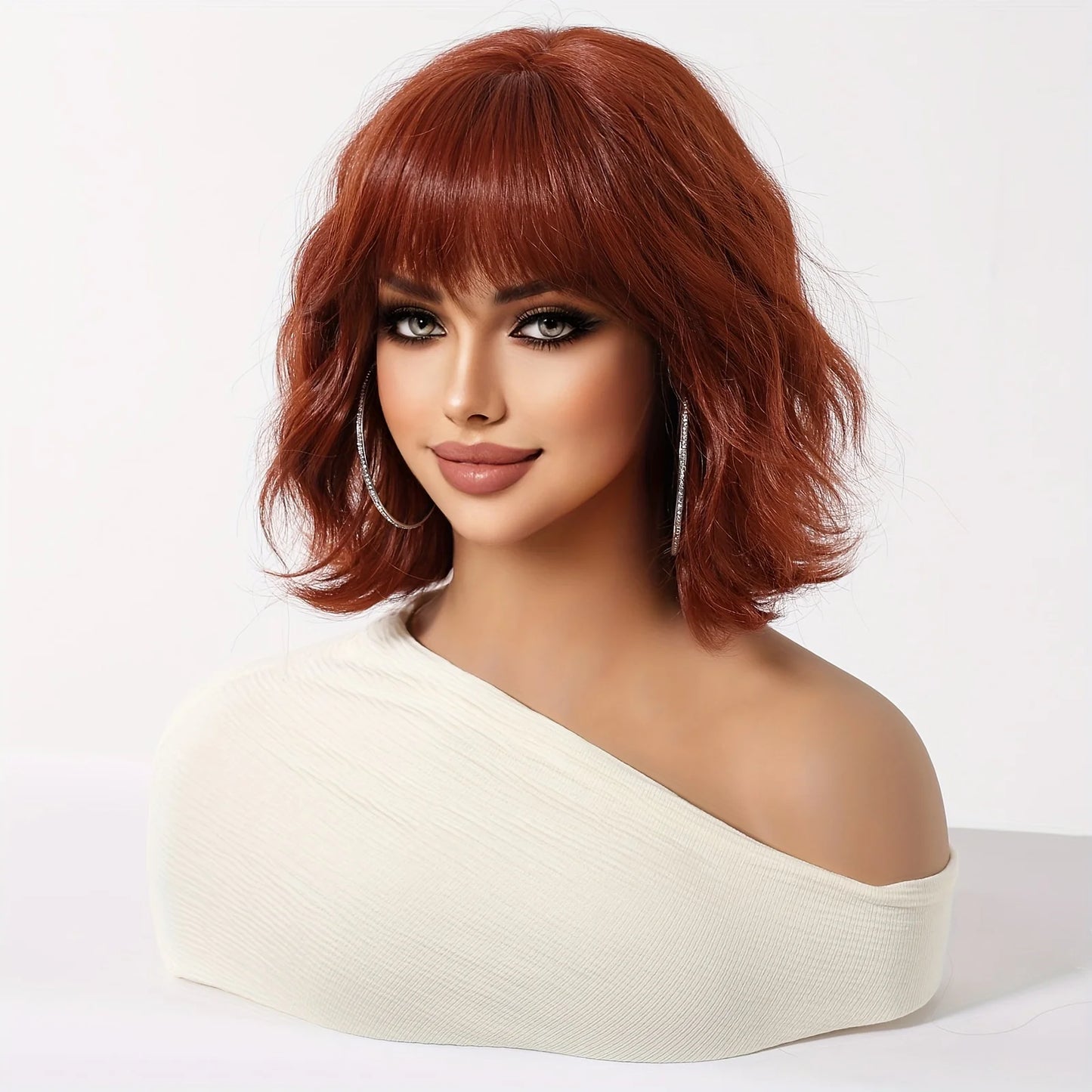 ALAN EATON Auburn Synthetic Wigs with Bangs Short Wavy Wig Red Brown Curly Hair for Party Cosplay Heat Resistant Fiber Wig