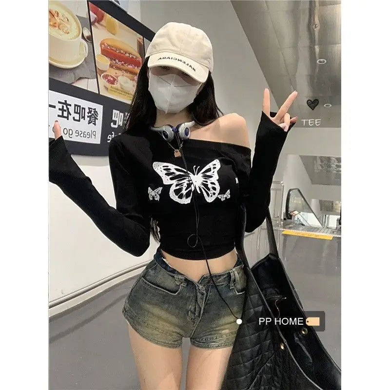 Temperament Slim Short T Shirts Spring Autumn New Long Sleeve Printing Solid Sexy Tops Tees Y2K Fashion Trend Women Clothing