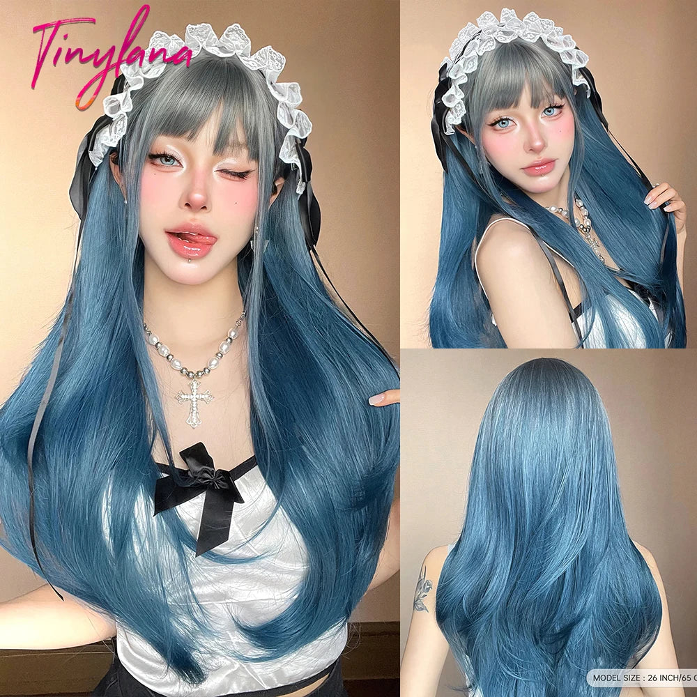 Long Ombre White Blue Synthetic Wigs with Bangs Blue Straight Colorful Cosplay Lolita Wig for Women Heat Resistant Natural Hair