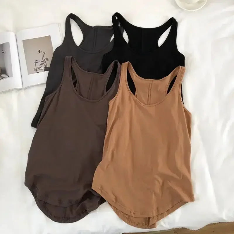 Irregular Tank Tops Summer O-neck Black Casual Sleeveless Tshirt Top Solid Color Loose Basic Camisole Female Fitness Sport Vest