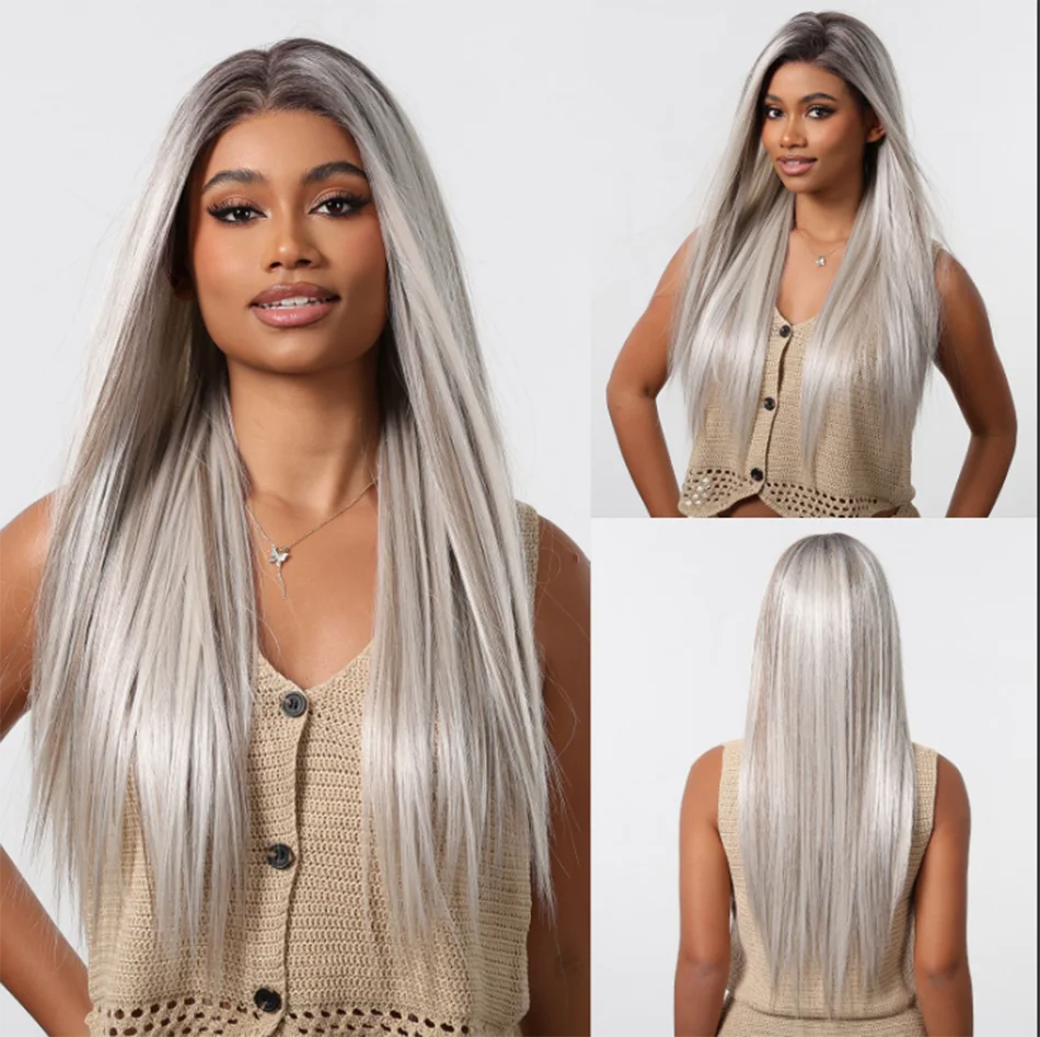 LOUIS FERRE Platinum 13*6 Lace Front Synthetic Wigs for White Women Long Straight Layered Wig Free Part Daily Party High Density