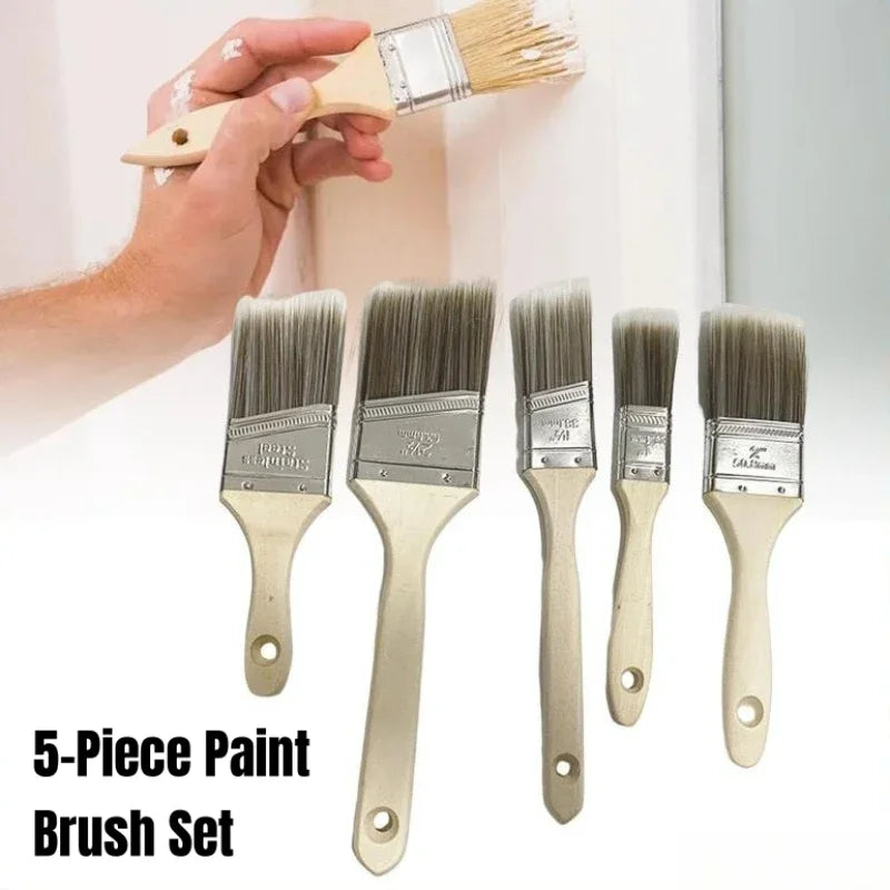 5-Piece Professional Paint Brush Set - Angled Oil Brushes With Wooden Handle & Stainless Ferrule - Assorted Sizes