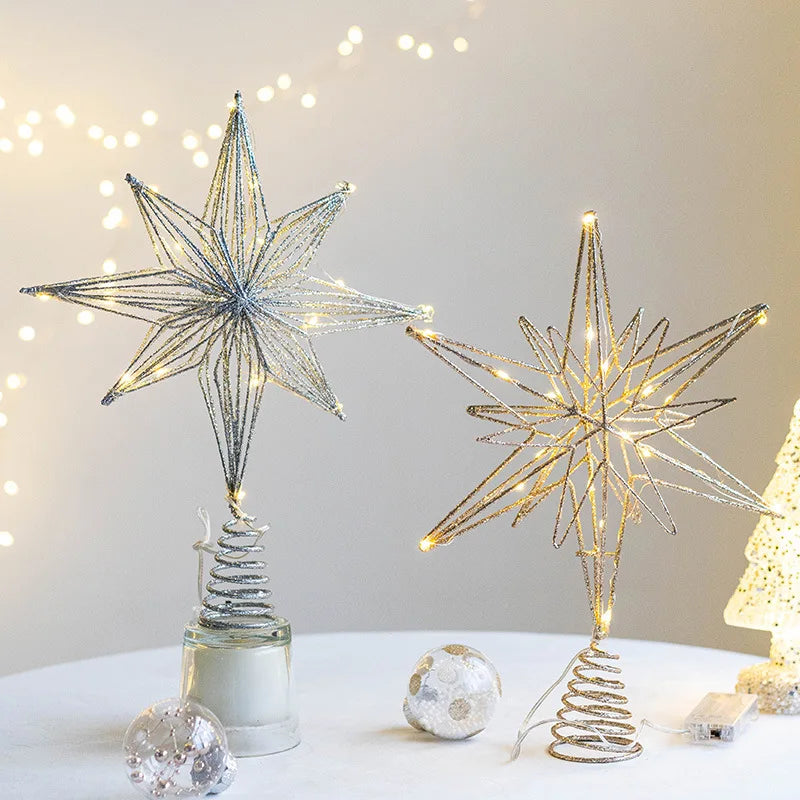 Christmas Star Tree Topper with Warm White Lights Pre-lit Glittered Star Treetop Lighted Xmas Treetop for Home Decorations