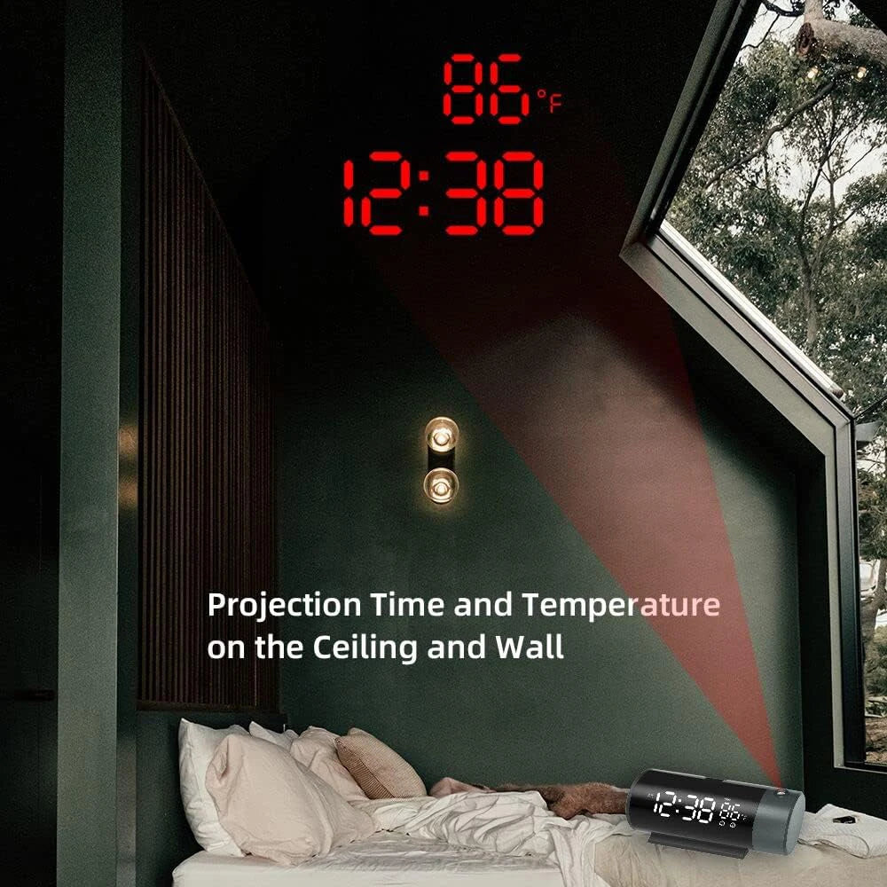 Projection for Bedrooms Digital Clock with 180° Rotatable Projector Automatic Brightness Dimmer Indoor Thermometer Clock withUSB