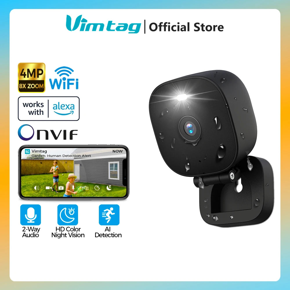 VIMTAG Outdoor Mini Camera WiFi 4MP Waterproof Color Night Vision 2-Way Audio AI Detect Security Cam IP Surveillance with Alexa