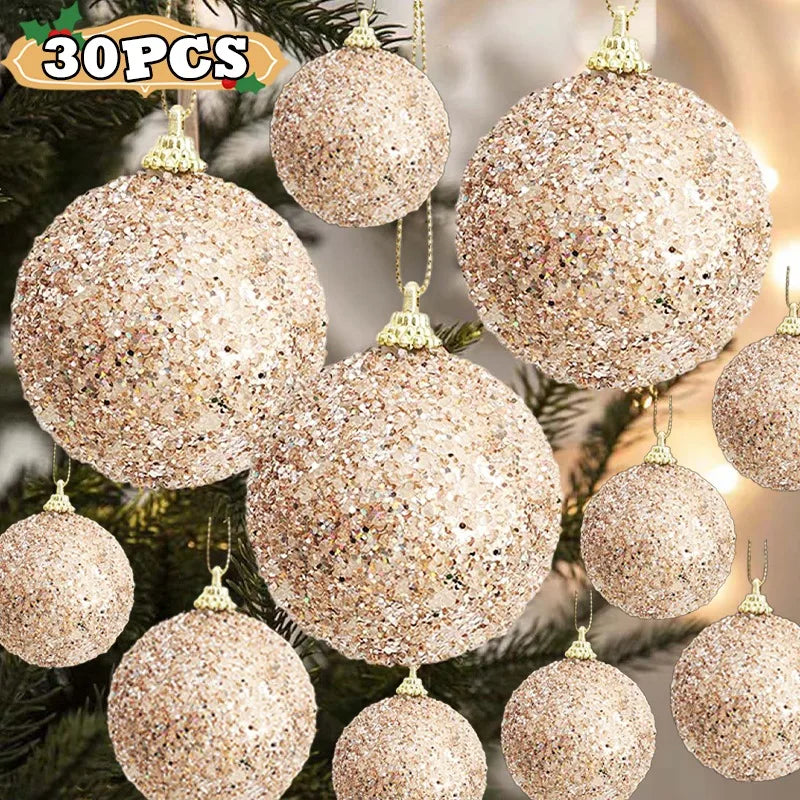 30/6pcs Glitter Champagne Gold Christmas Balls Sparkling Xmas Tree Hanging Ball Pendants Christmas New Year Party Decor Ornament