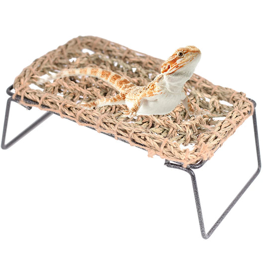 Reptile Lounge Bed, Small Animals Seagrass Pet Bed for Bearded Dragon Guinea Pig, Rust-free Collapsible Rack with Handwoven Bed