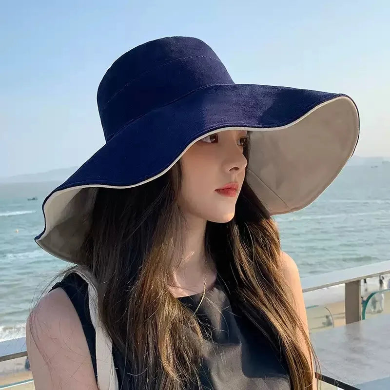 Spring Summer New Big Wide Brim Women Bucket Hat Solid Color Foldable UV Protection Outdoor Beach Panama Cap Sun Hats